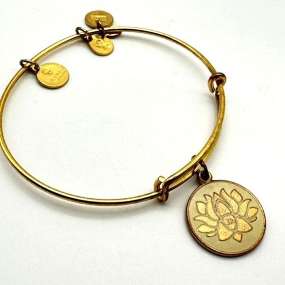 Alex and Ani gold tone Lotus flower initial bracelet Bangle adjustable